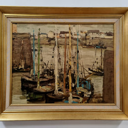 Fabulous signed Vintage boat scene oil on canvas painting in gilt frame. In good original detailed condition.