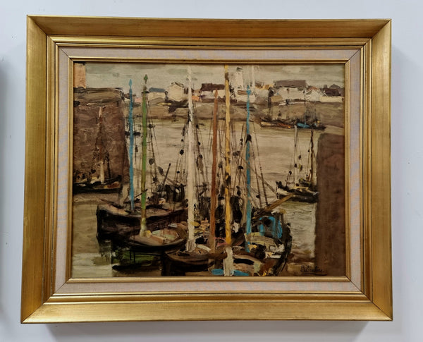 Fabulous signed Vintage boat scene oil on canvas painting in gilt frame. In good original detailed condition.