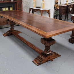 French style reclaimed Elm Farmhouse table with stretcher base and amazing carving underneath. Table can sit 10-12 people and is in good original detailed condition.