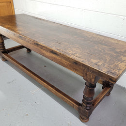 Hard to find longer then usual lovely rustic oak coffee table on turned legs. In good original detailed condition.
