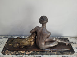 French Art Deco Brozne Statue Of Lady & German Shepard Signed by Louis Riche (1877-1949) | Antique & Vintage | Moonee Ponds Antiques | Australia Wide Delivery