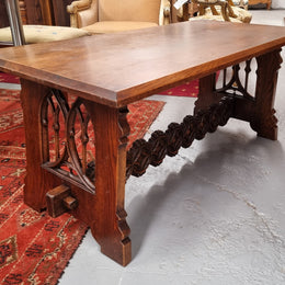 Sourced from France is this beautiful French Oak Gothic style coffee table with lovely carved details. It is in good original detailed condition.