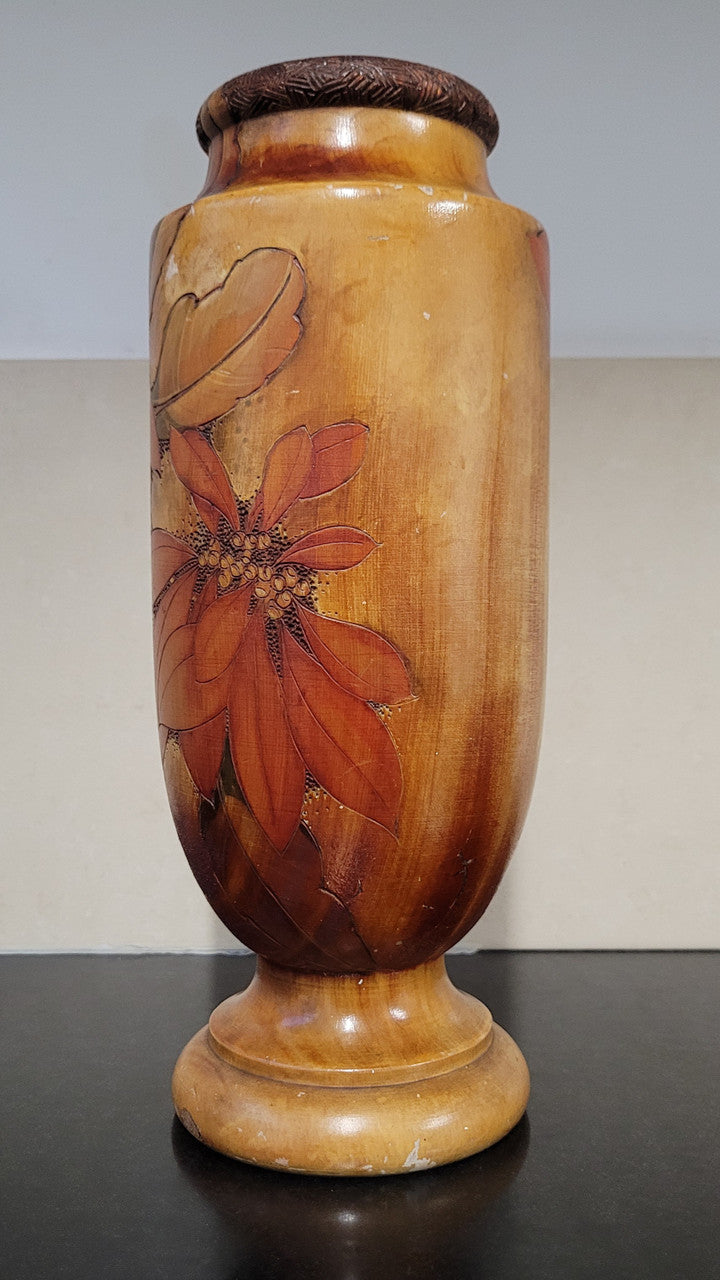 Antique Pokerwork timber vase with floral design. In good condition with signs of wear, please view photos as they help form part of the description.