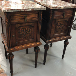 Pair Of French Oak Marble Top Henry II Style Bedside Tables