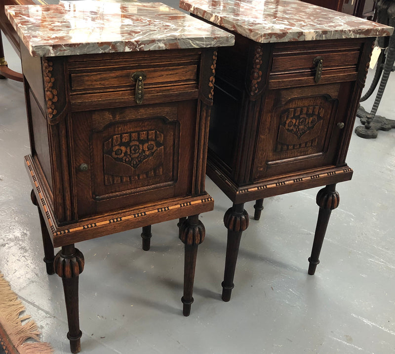 Pair Of French Oak Marble Top Henry II Style Bedside Tables
