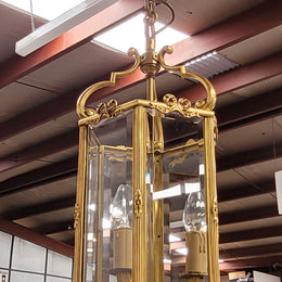 Charming three globe French bronze hexagonal ceiling light with beveled glass. Fully rewired to Australian standards and has been sourced from France. In good original condition.