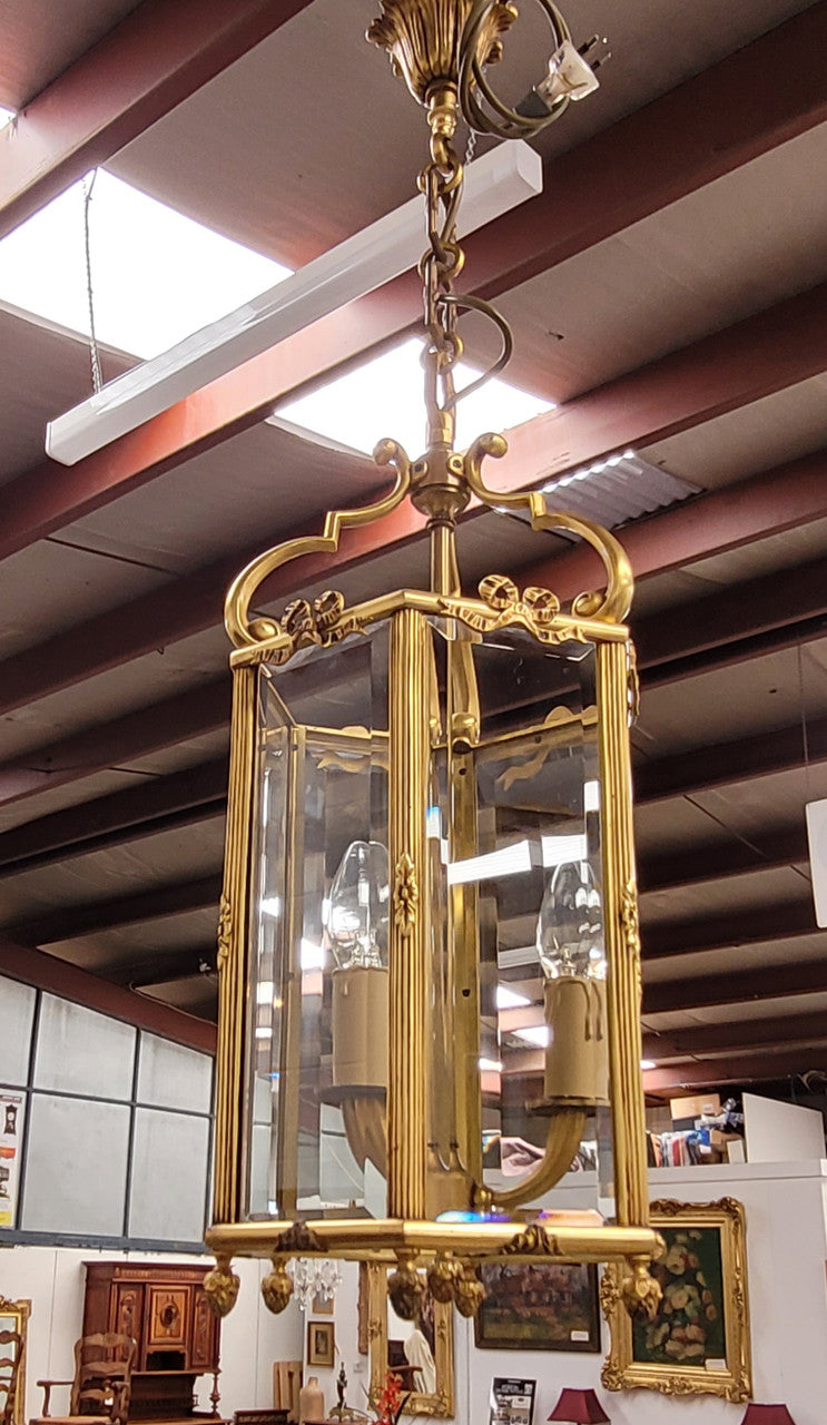 Charming three globe French bronze hexagonal ceiling light with beveled glass. Fully rewired to Australian standards and has been sourced from France. In good original condition.