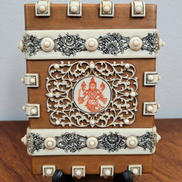 Stunning rare Anglo-Indian Sandalwood and Ivory Card Case. Matsya (Fish Avatar of Hindu God Vishno) Motif Medallion.