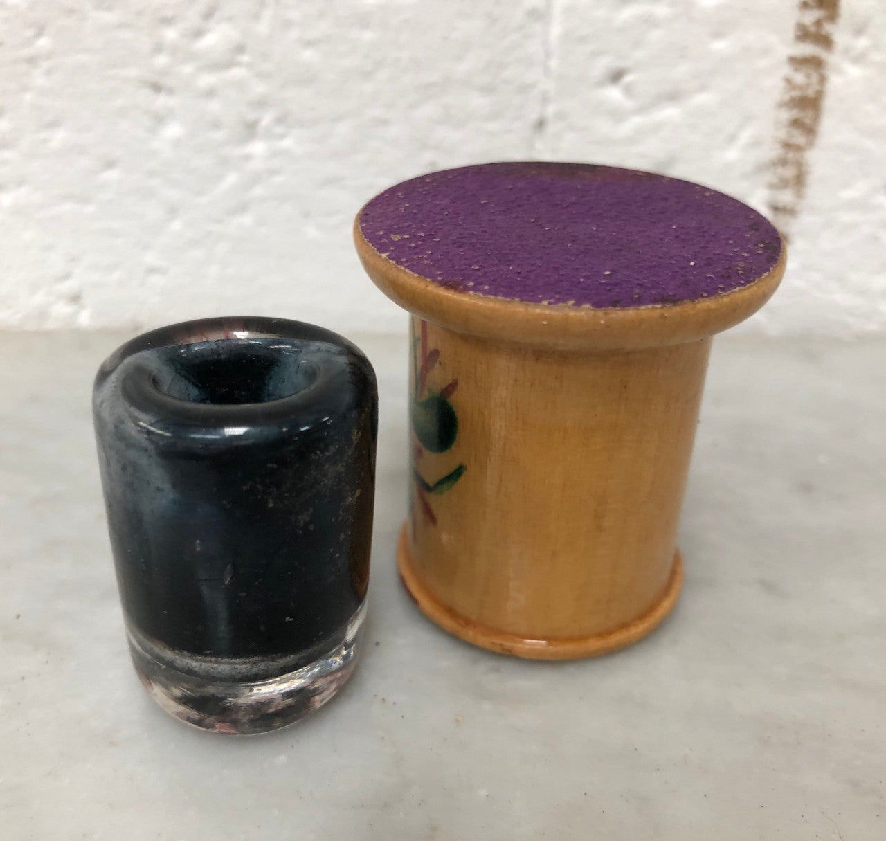 Antique Hand-Painted Treen Inkwell