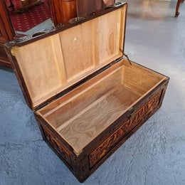 Charming Vintage Medium Size Camphor Wood Chest with Brass Closure. In original detailed condition.