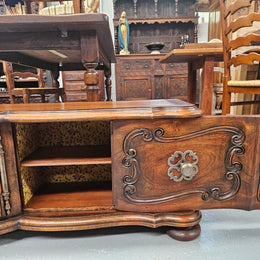 Appealing French Louis XVth style walnut converted TV unit.  Central carved  door & 2 Sliding Cupboards. In good condition.
