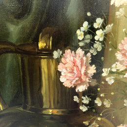 A signed oil on canvas painting of Carnations flowers in an ornate gilt original frame. Circa 1900's in good original condition.