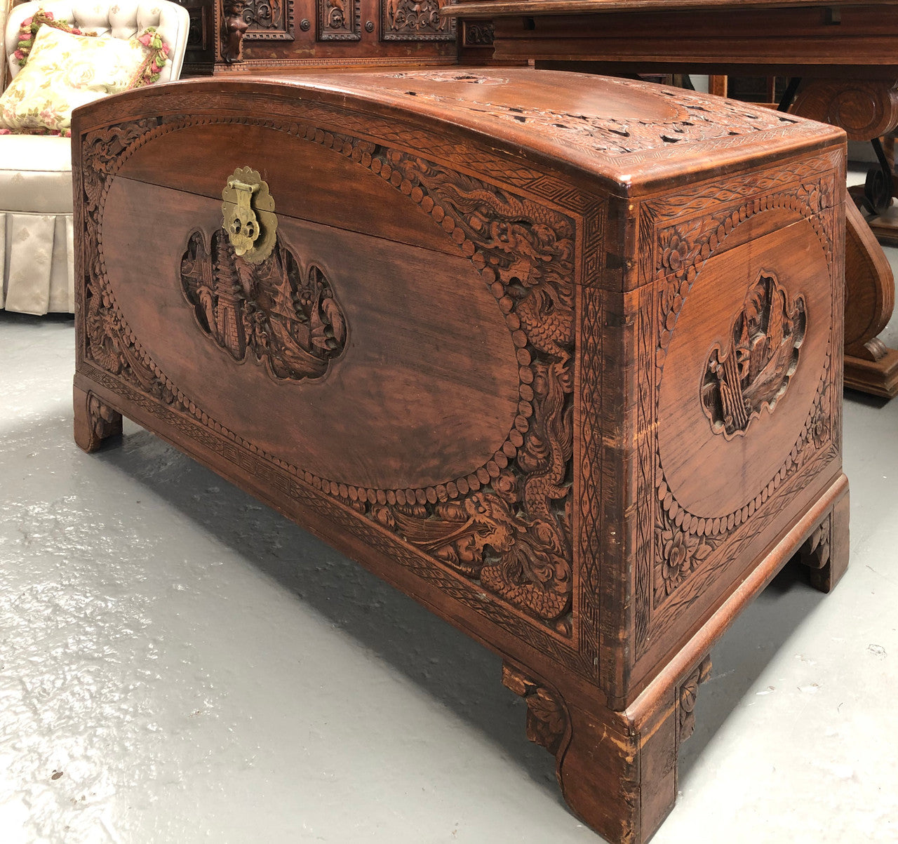 Antique Chinese Carved Camphor Wood Chest