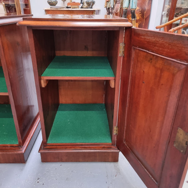 Unique pair of Victorian mahogany bedsides with one fixed shelf. Sourced locally and in good original detailed condition.