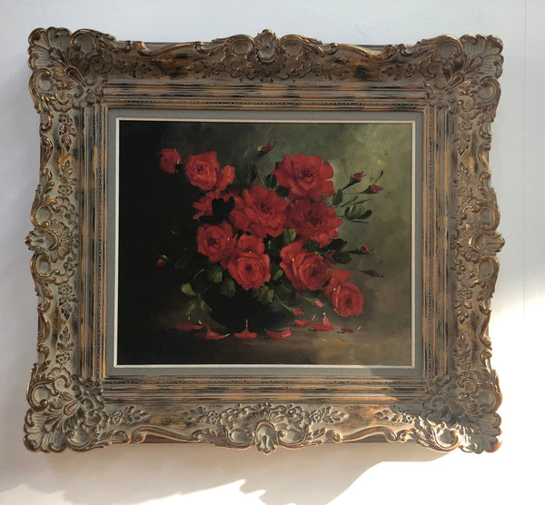 Lovely French oil on canvas of red roses in a beautiful ornate frame. In good original detailed condition.