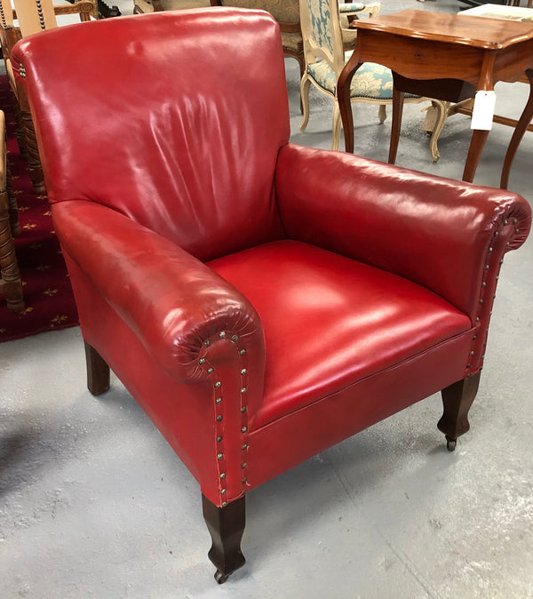 Art Deco arm chair with red leather. From circa 1920's and very comfortable to sit in. It is in good original condition.