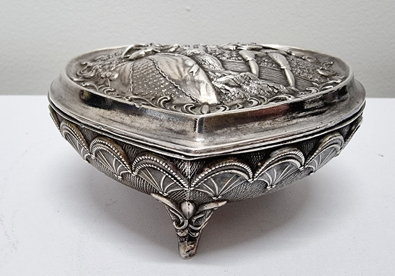 Vintage Silver Plated & Embossed Design Heart Shape Trinket Box