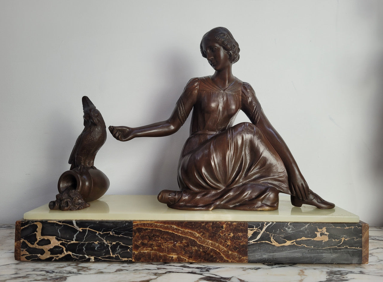 Art Deco Bronze Statue  Of a Lady & Parrot On Marble Base Signed by Italian Sculptor A Trefolini