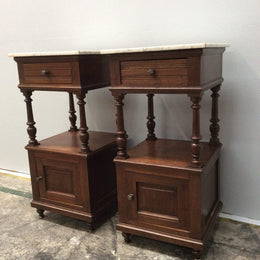 French Oak White Marble Top Bedside Cabinets