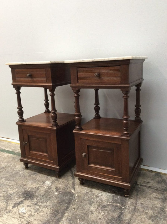 French Oak White Marble Top Bedside Cabinets