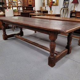 Amazing 2.65 meter French Elm Refectory dining table with loads of rustic charm. This table has been sourced from France and can comfortably seat ten people. It is in good original detailed condition.