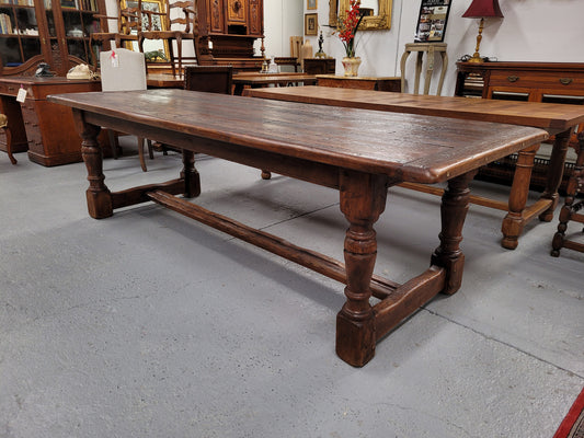 Amazing 2.65 meter French Elm Refectory dining table with loads of rustic charm. This table has been sourced from France and can comfortably seat ten people. It is in good original detailed condition.