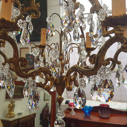 French Brass & Crystal Six Arm Candle Light Chandelier