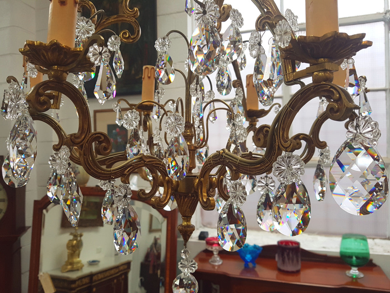French Brass & Crystal Six Arm Candle Light Chandelier | Antique & Vintage | Moonee Ponds Antiques | Australia Wide Delivery