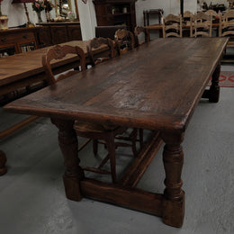 Amazing 2.65 meter French Elm Refectory dining table with loads of rustic charm. This table has been sourced from France and can comfortably seat ten people. It is in good original detailed condition.