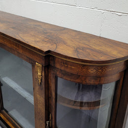 Victorian Rosewood inlaid side cabinet/credenza with velvet lined shelves and gilt mounts. It has been sourced locally and is in good original condition with loads of character.