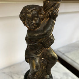 Vintage Brass cherub lamp with a marble and brass base and lovely frosted flame glass shade in good condition.