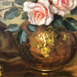 Large French signed oil on canvas of flowers. From circa 1950s and is in good original condition.