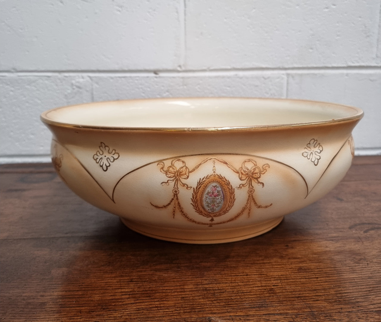 Charming large Crown Devon jug and basin set. Muted colors featuring garlands and floral medallions “Festoon Pattern” No chips or cracks in good condition commensurate with age