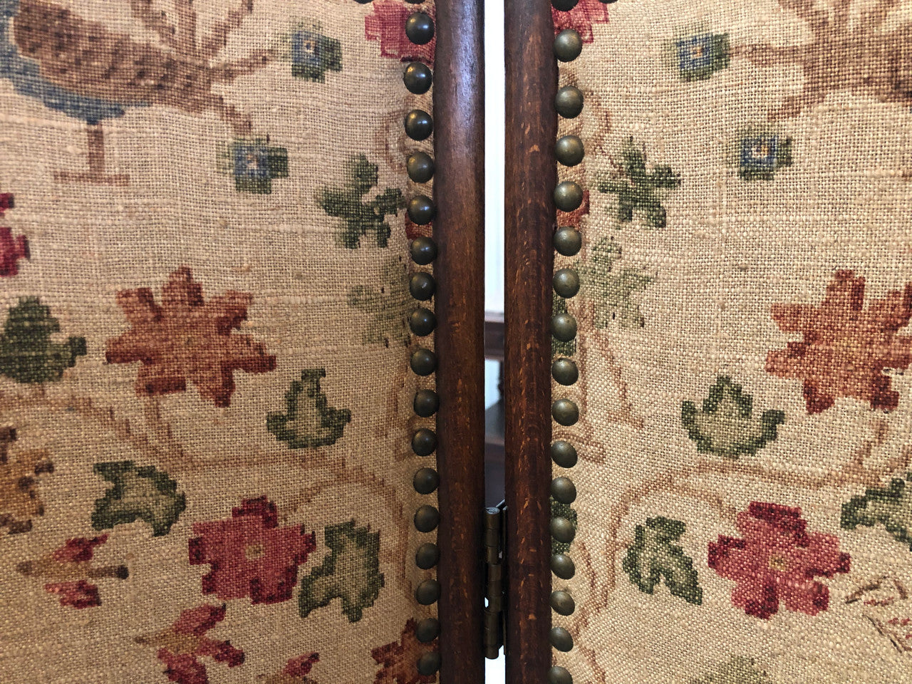 Vintage French Oak 3 fold tapestry covered privacy screen. Tapestry is in good condition with very minor wear and tear.