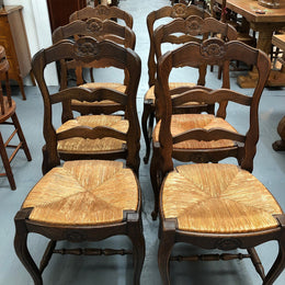 Lovely Set Of Six French Oak Rush Seat Dining Chairs