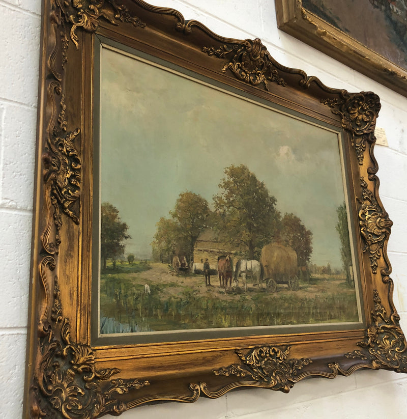 French oil on canvas of a beautiful farm scene in a lovely ornate frame, and in good original condition.