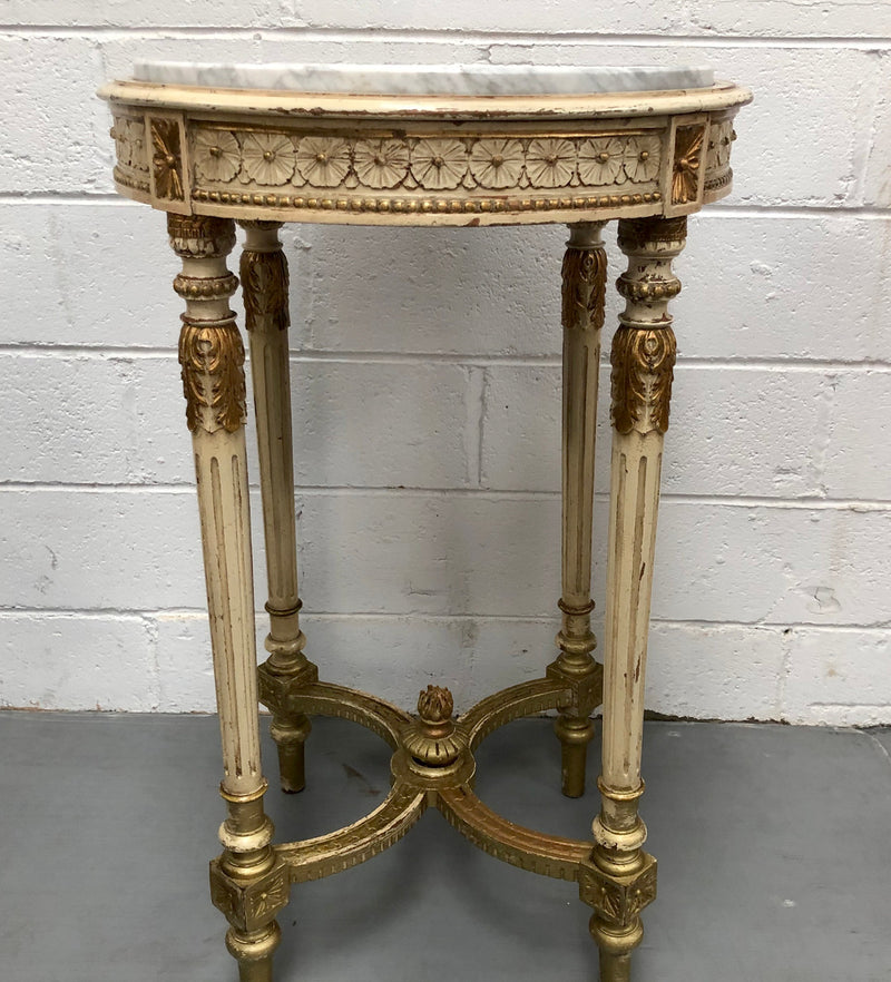 French Late 19th Century painted and gilded Walnut marble top occasional table. In good condition. CIrca 1900.