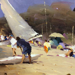 Beach Scene Oil On Board Painting By David Chen