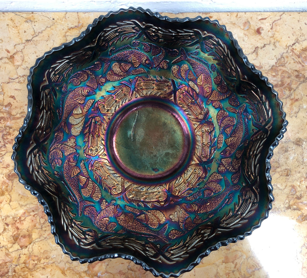 Large Carnival Glass Bowl With Fish Pattern | Antique & Vintage | Moonee Ponds Antiques | Australia Wide Delivery