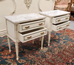 Attractive Pair of Vintage French Louis 16th Style Two Drawer Marble Topped Bedsides | Antique & Vintage | Moonee Ponds Antiques | Australia Wide Delivery