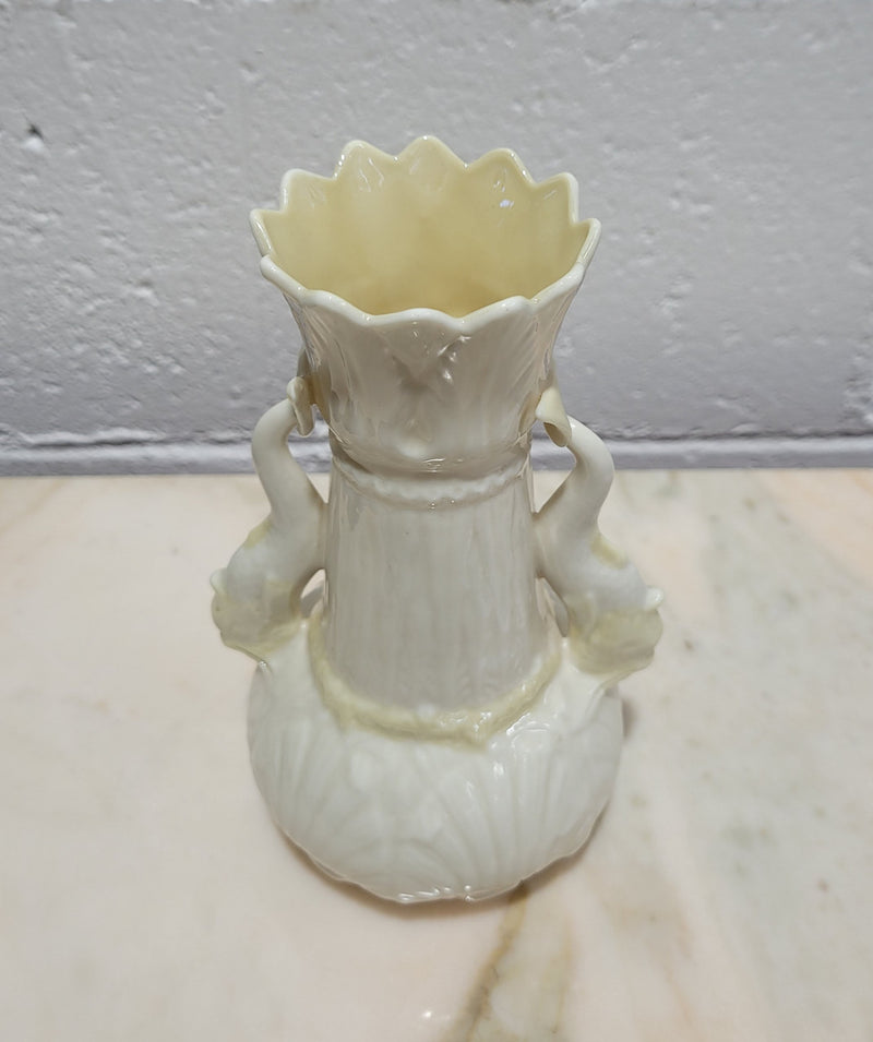 Vintage Belleek Double Handled Fish Vase.  Scalloped shell pattern on base & delicate fish handles. Brown Mark 1980 – 1933.
