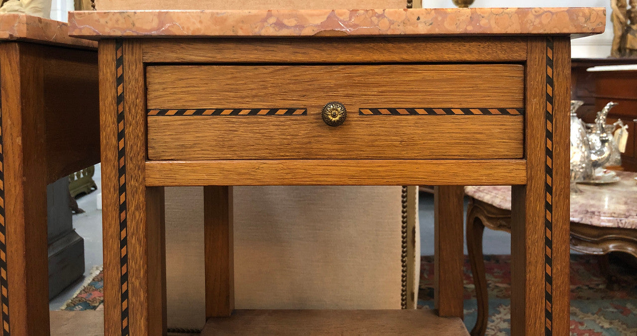 Beautiful Pair of French Oak Inlaid Marble Top Bedside Cabinets | Antique & Vintage | Moonee Ponds Antiques | Australia Wide Delivery