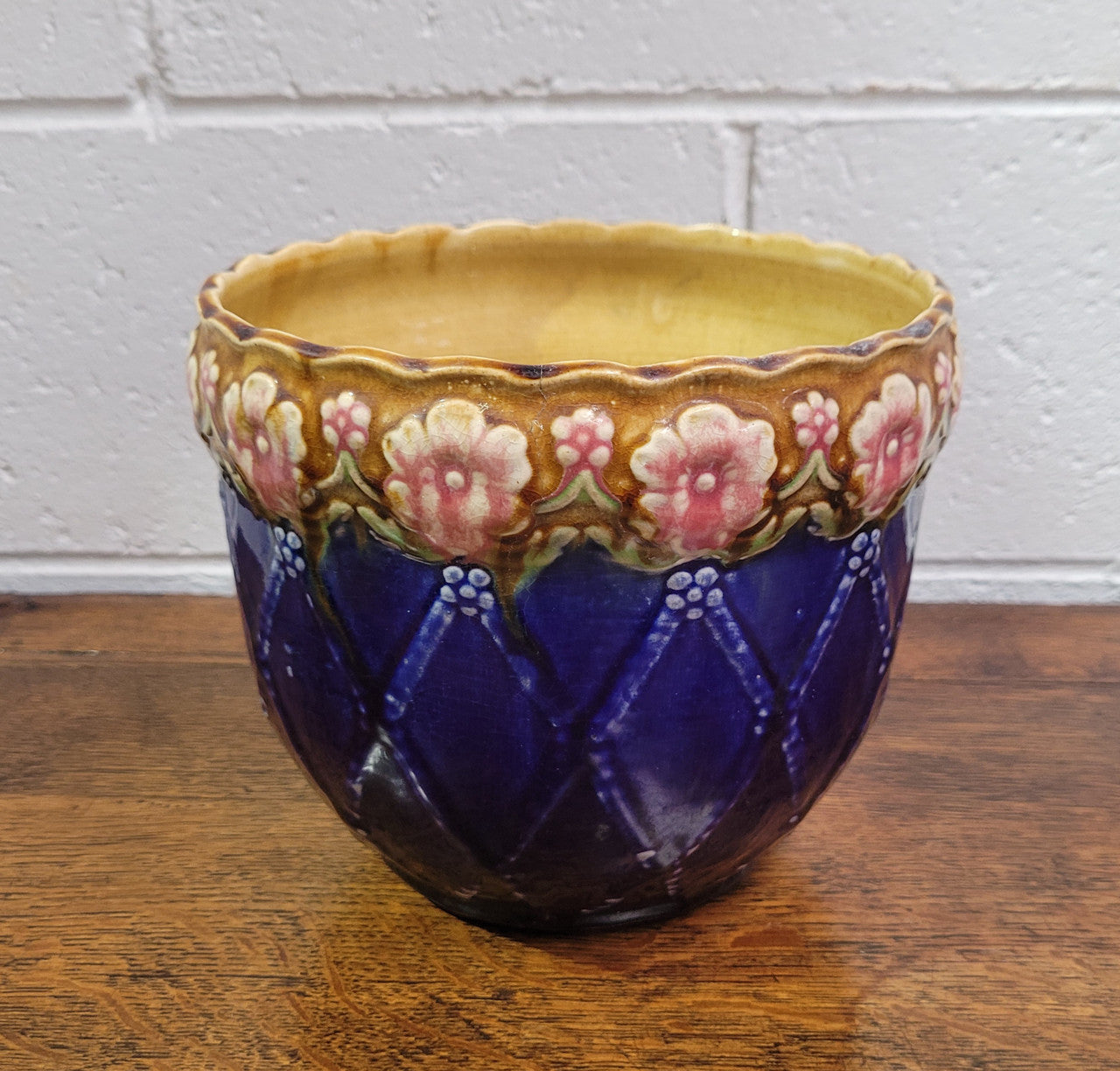 Charming Antique Cobalt Blue - Pink - Brown Small Jardinière | Antique & Vintage | Moonee Ponds Antiques | Australia Wide Delivery