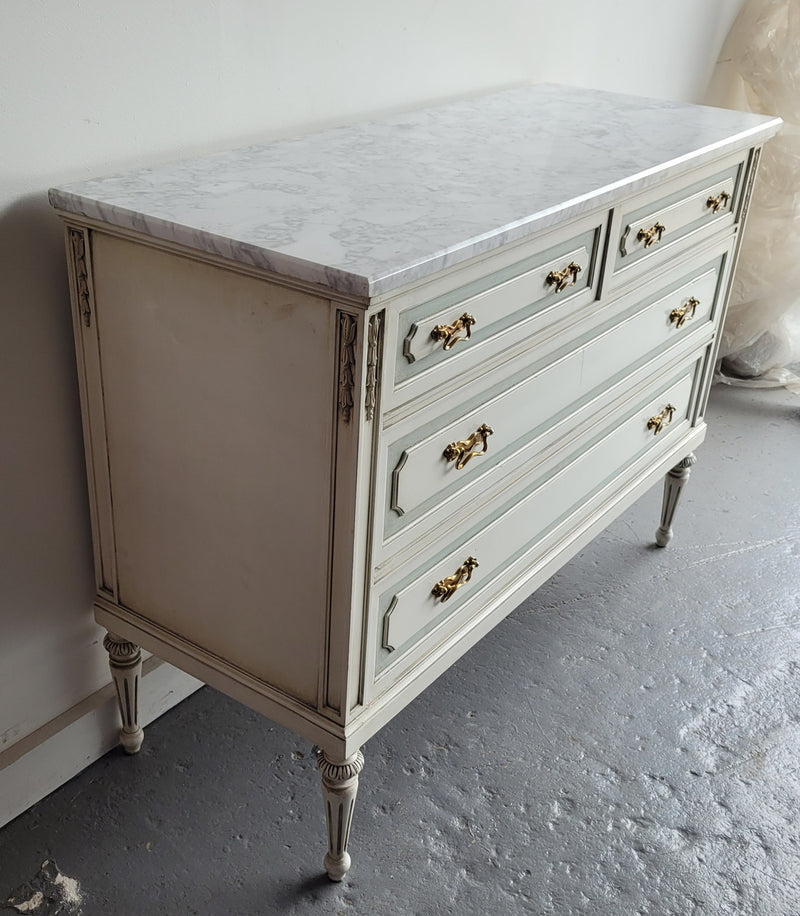 Charming Vintage French Louis 16th style original chalk painted chest of four drawers. It has been sourced from France and in good original condition.