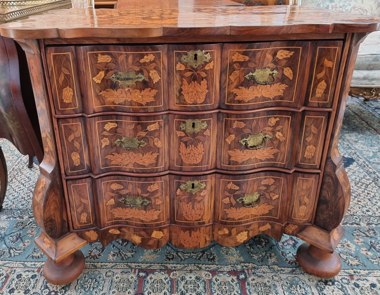 Very Fine highly decorative 18th century Dutch 3 drawer commode. It retains its original brass hardware and Escutcheons. In very good original detailed condition.
