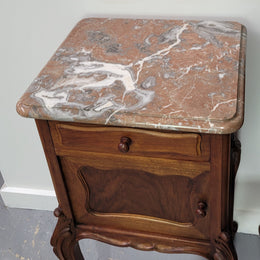 French Louis XV Style Walnut Marble Top Bedside Cabinets. In good original detailed condition.