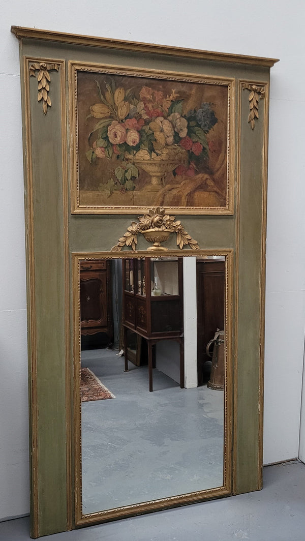 Superb French 19th Century trumeau mirror with original paint, gilt and oil on Canvas. Original mirror C:1880’s