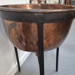Fabulous Antique French copper pot on a solid iron stand in good original detailed condition. see photo for full description of condition.