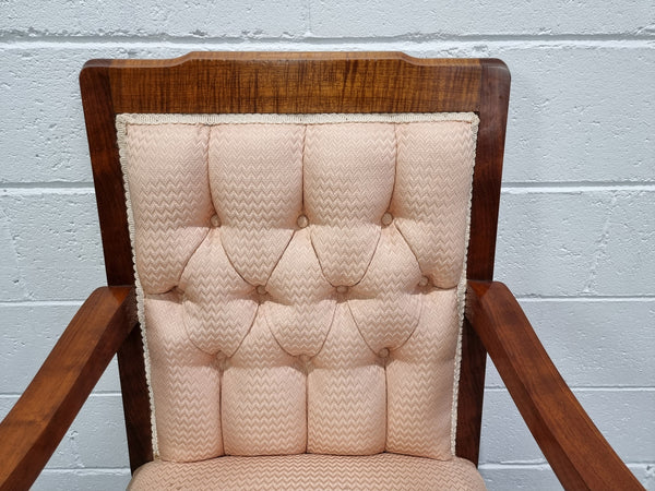 Australian Fiddleback Blackwood upholstered armchair with queen anne legs. In good original condition.