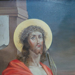 Superbly Painted Oil On Canvas Of Jesus In An Ornate Antique Gilt Decorated Frame.